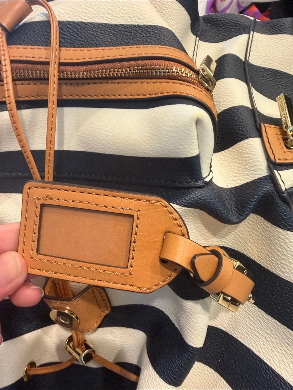 Tory Burch Navy and White Striped Canvas Backpack with Tan Leather Flap